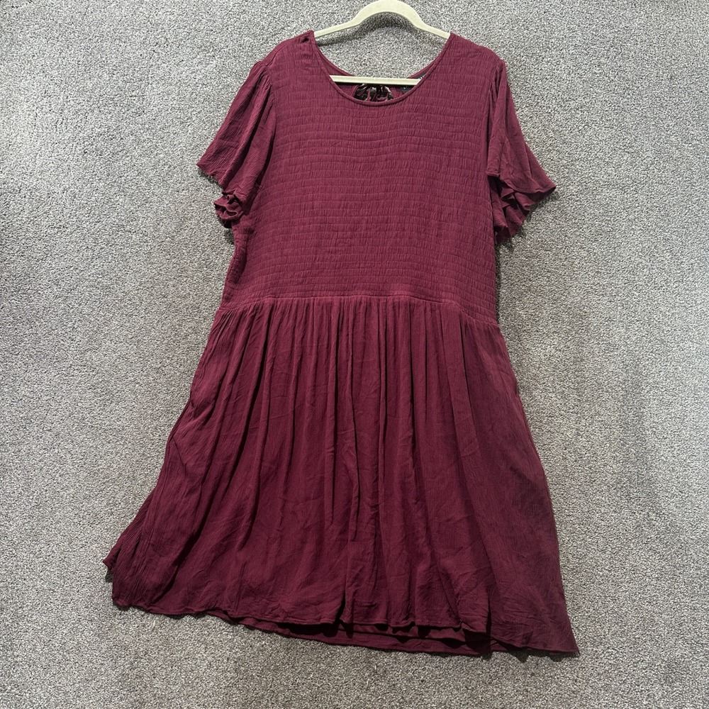 Lane Bryant Burgundy Smocked Bodice Midi Dress Plus Size‎ 26/28 Flutter Sleeve